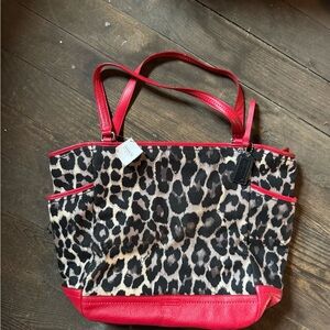 Coach Red and Brown Tote Bag with Leopard Accents